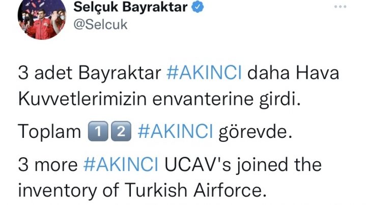 Türkiyə ordusunun inventarına daha üç ədəd “Bayraktar AKINCI” daxil edilib